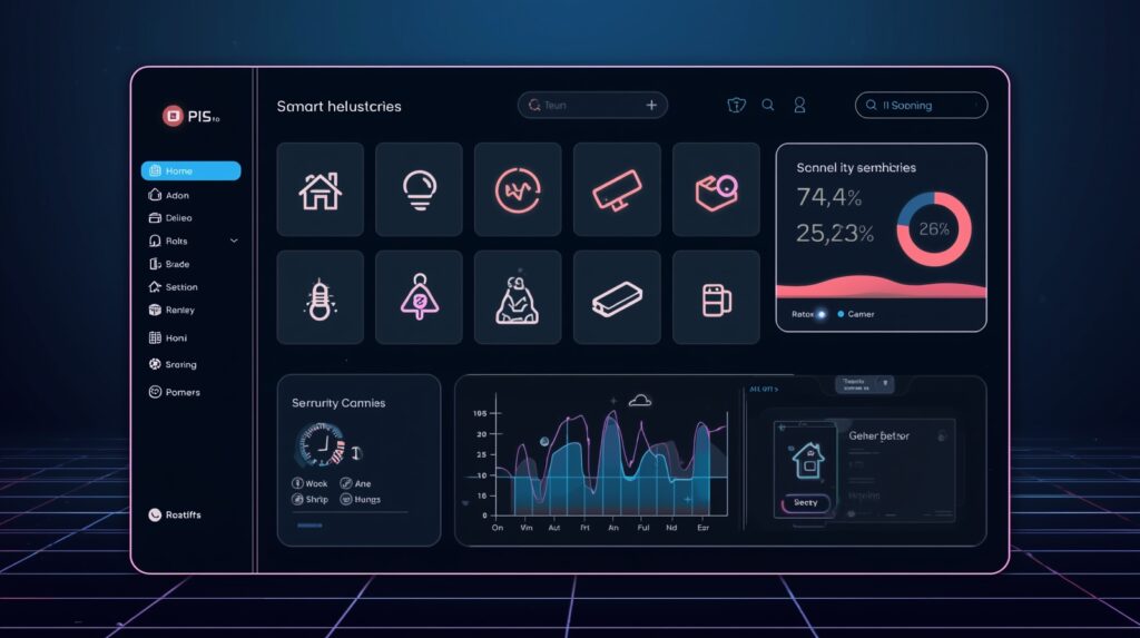 Futuristic smart home dashboard showing connected devices and technology in 2025
