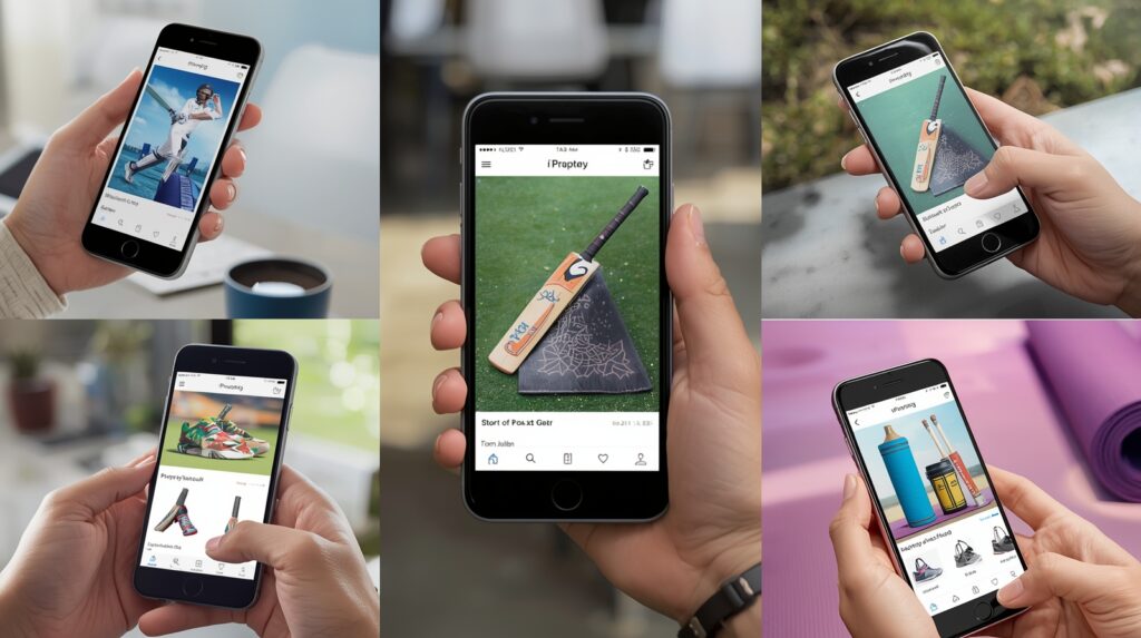 Online sports shopping in Pakistan — people buying sports gear via smartphones.