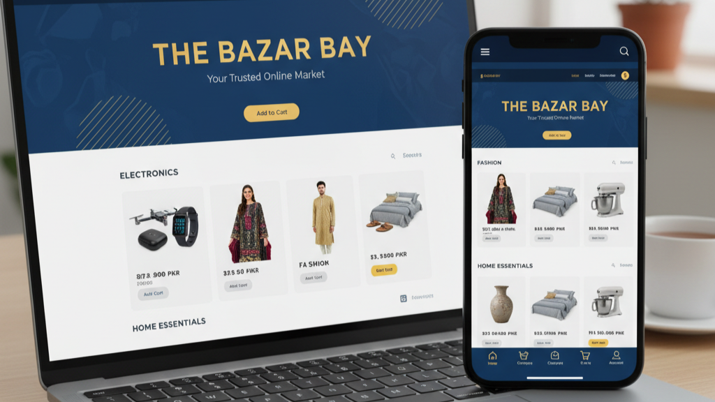 Pakistani online shopping site The Bazar Bay homepage showcasing electronics and fashion products