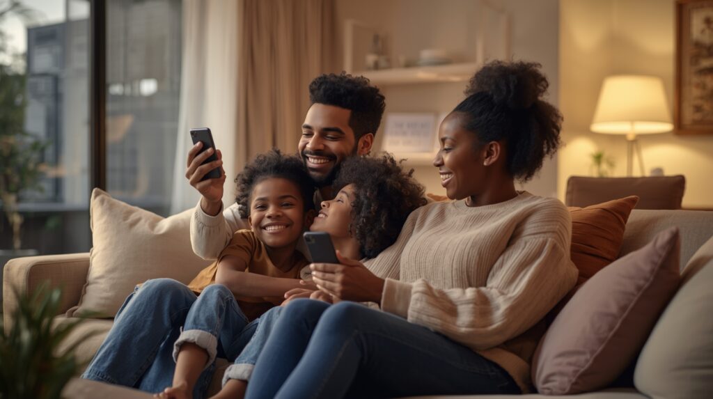Family enjoying automated smart home with lights and devices responding in modern living room 2025