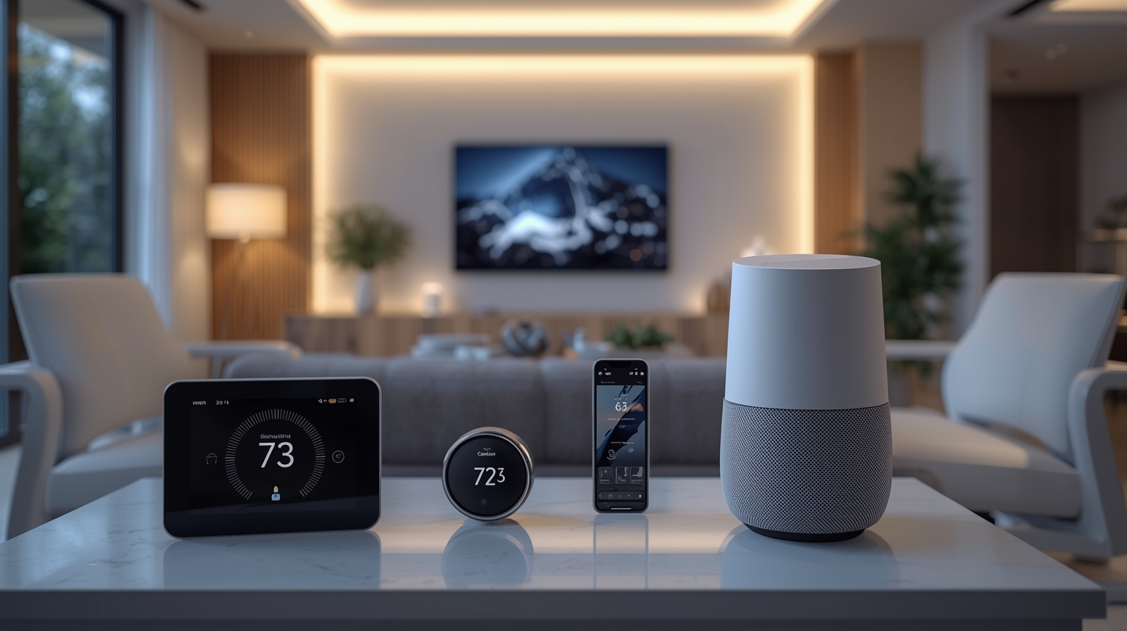 Modern smart home interior in 2025 with connected devices including lights, thermostat, security cameras, and smart speaker