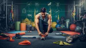 Pakistani athlete with gym and sports equipment — online sports shop concept in Pakistan.